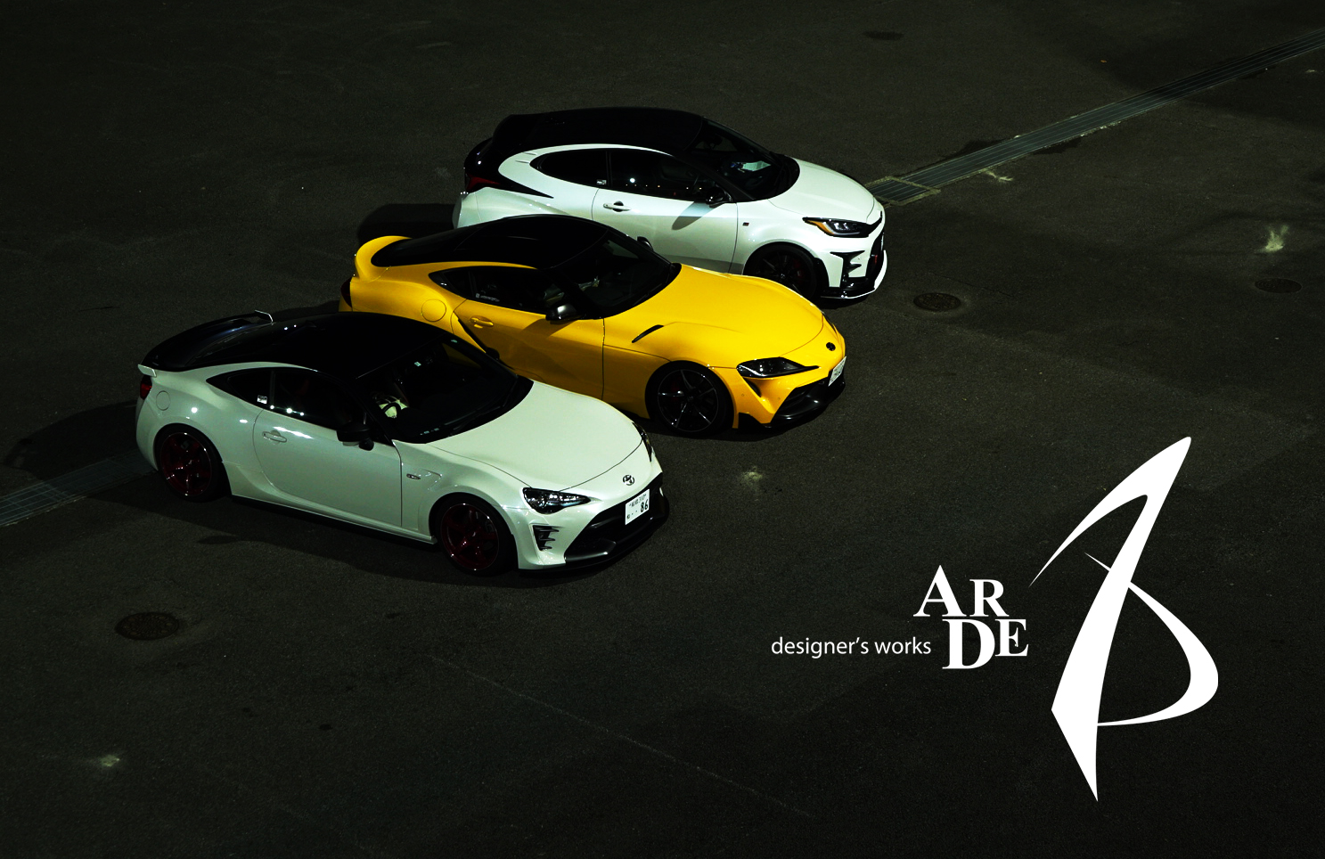ARDEの初期イメージ写真。黒いルーフラインの86・スープラ・GRヤリスとARDEロゴ